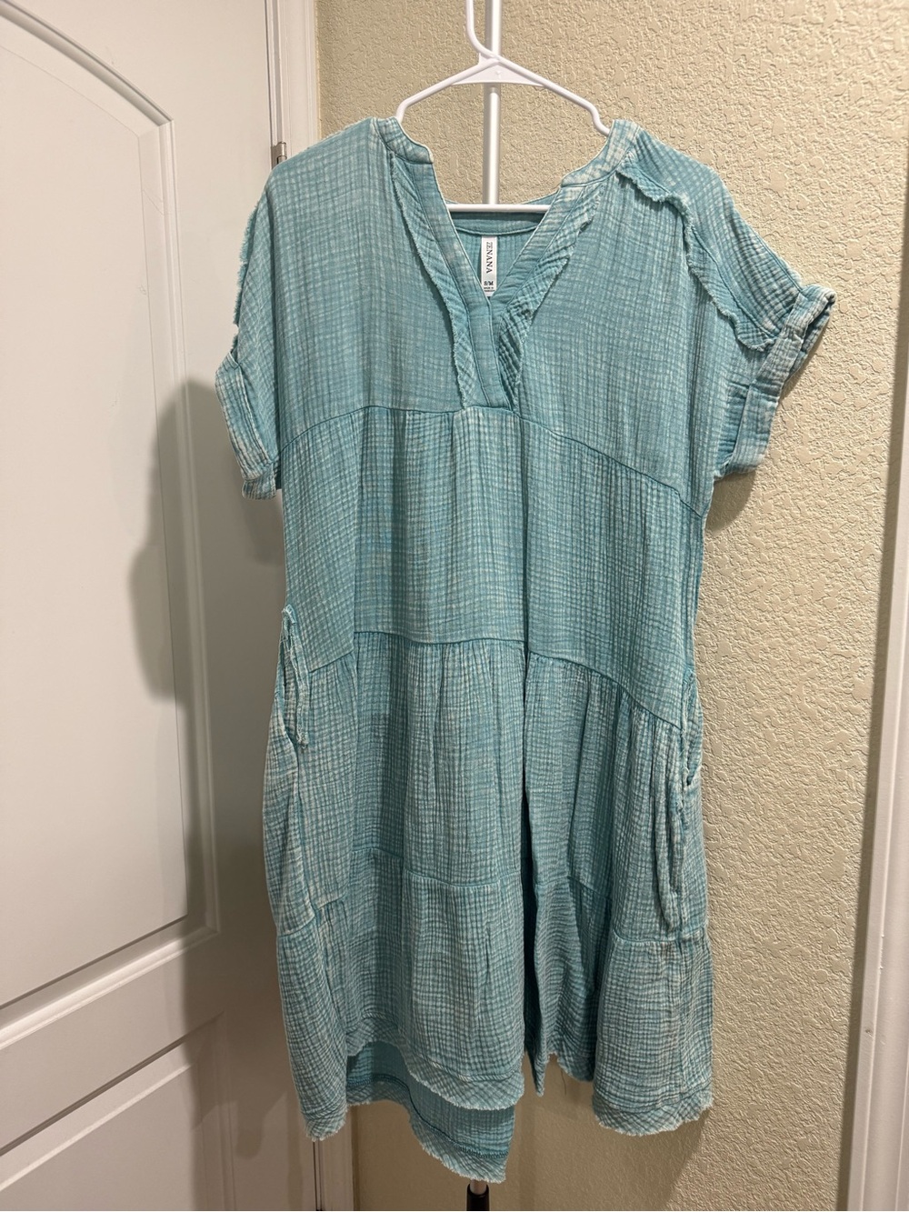 Zenana Outfitters Light Aqua Tiered Midi Dress with Pockets